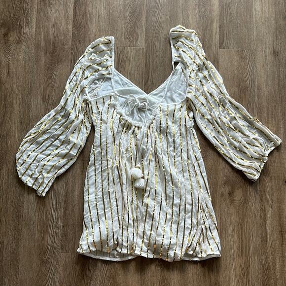 Sundress White & Gold Sequin Striped Mini Dress SZ M/L Plunge Lined - Picture 7 of 7